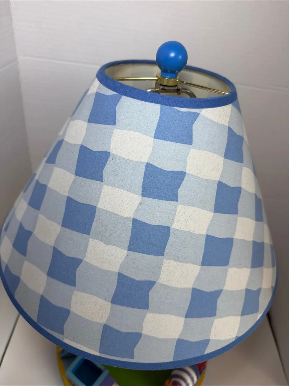 Vintage Blue and White Checkered Kids Train Table Lamp